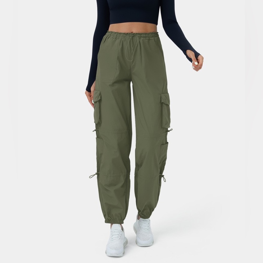 Halara Mid Rise Drawstring Multi Pockets Casual Cargo Joggers Green